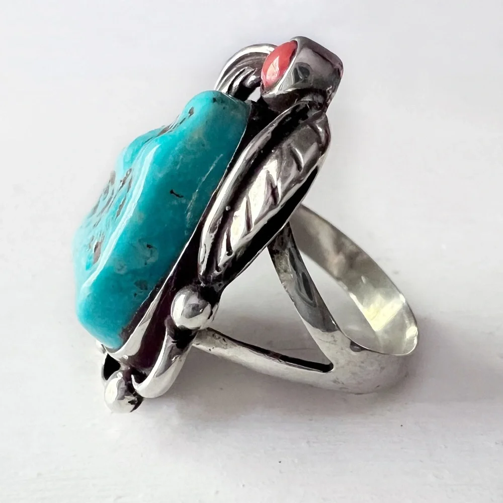 ✨ New Large ARTISAN Southwestern Turquoise & Coral Sterling Silver Ring USA Made